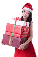 Christmas Asian Santa girl hold gift and smile
