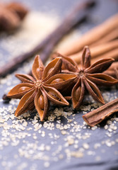 Star anise with cinnamon sticks over black stones background 