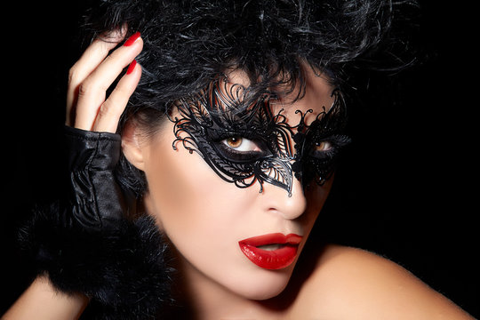 Masquerade. Closeup Short Hair Gorgeous Woman with Trendy Black