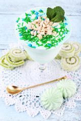 Mint milk dessert in glass bowl on color wooden background