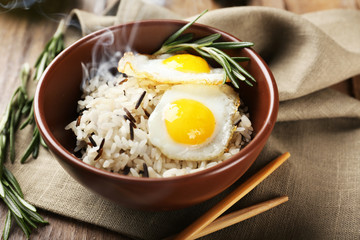 Tasty rice served on table, close-up