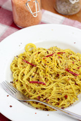 Spaghetti with pesto.