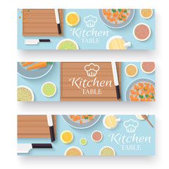 flat kitchen table for cooking in house banners vector illustrat