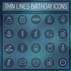 thin line happy birthday icons set concept on a blurred backgrou