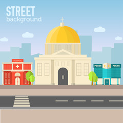 church building in city space with road on flat syle background