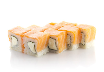 Sushi roll with salmon and cheese isolated
