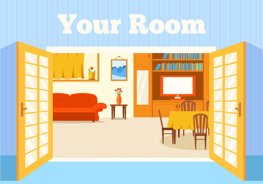 Flat cozy room in house with open doors background vector illust