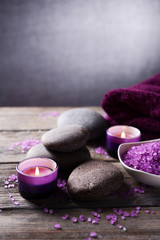 Composition of spa treatment on table on grey background