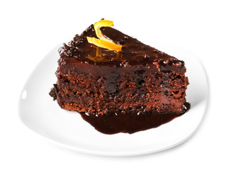 Yummy chocolate cake isolated on white