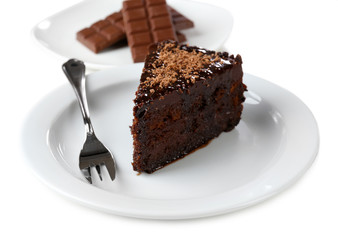 Yummy chocolate cake served on table