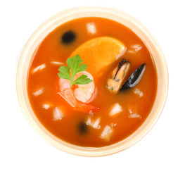 Tasty mussel soup with shrimps in bowl isolated on white