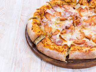 Close up pizza on wood