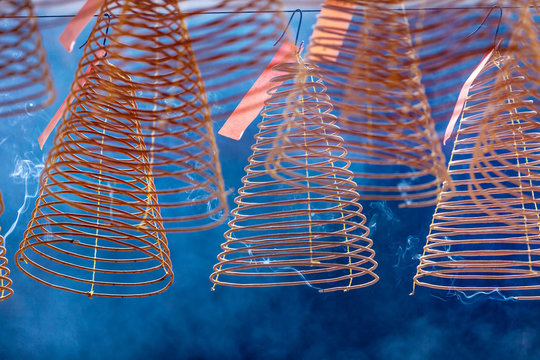 Burning Hanging Incense Coils In A Temple In Vietnam