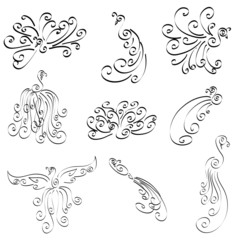 peacock doodle designs isolated vector set