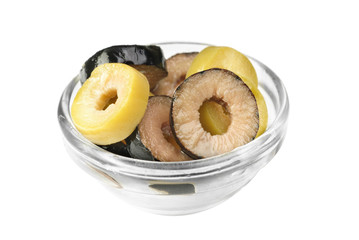 Mix sliced green and black olives on bowl  isolated on the white