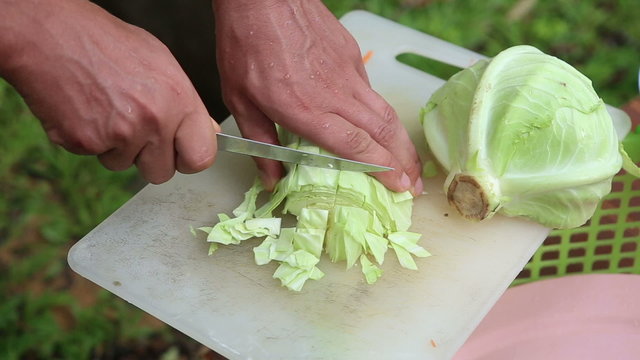 man with a knife cut the cabbage on white board	