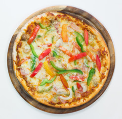 Delicious pizza bacon with peppers on white background