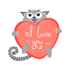 Cute cartoon ginger cat with heart and declaration of love.