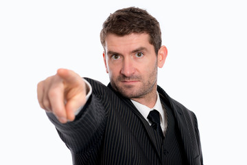 businessman is pointing in to the camera