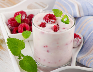 Raspberry yogurt in a glass.