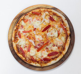 Delicious shrimp pizza top view on white background