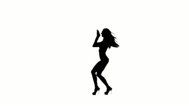 Dancing gogo girl silhouette on a white background. Slow motion.