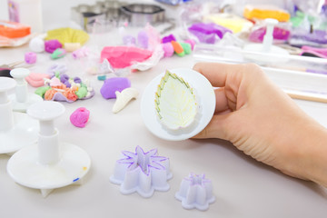 Artist makes jewelry from polymer clay, process. Workshop