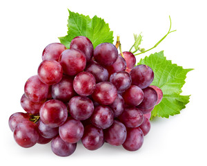 Fototapeta Ripe red grape with leaves isolated on white obraz