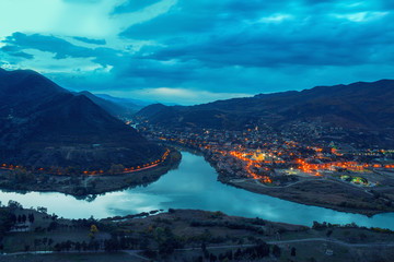 Night panoramic view of Mtskheta city from Jvari Monastery © vvvita