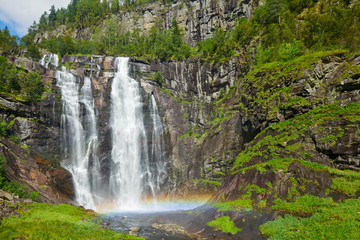 Upper tier of Skjervsfossen waterfall in Granvin, Norway