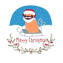 Cute pug Santa on a sled