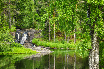 Naklejka na ściany i meble Small waterfall flow into the forest river