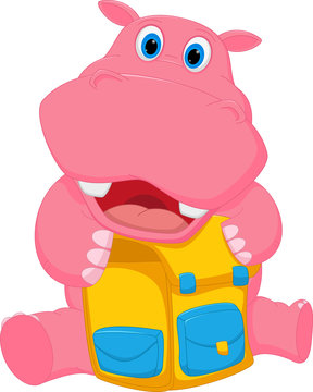 recommend clip art: Happy hippo cartoon with school bag