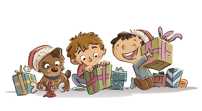 niños abriendo regalo de navidad