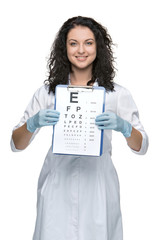 male ophthalmologist with eye chart