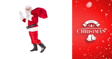 Composite image of santa holding a sack and waving