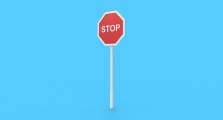 3D red STOP sign pole on blue background