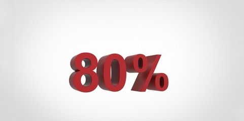 3D rendering of a red 80 percent letters on a white background