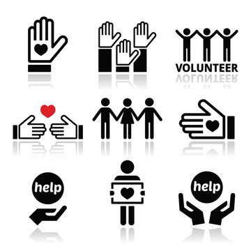 Volunteer, people helping or giving concept icons set