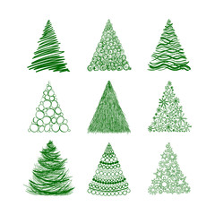 Set of nine Christmas trees isolated on white background.