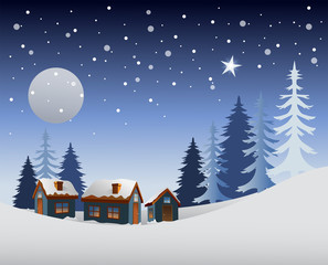 Fototapeta premium Snowy scene with village and trees