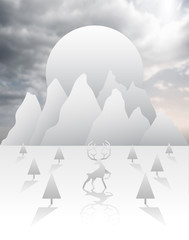 Obraz premium Reindeer and forest vector in white and grey