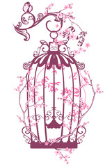 bird cage among blooming branches