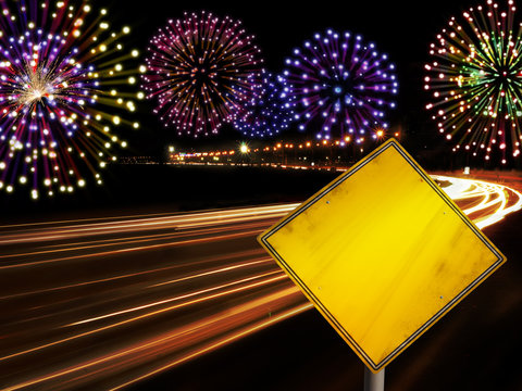 Happy New Year fireworks city cars highway