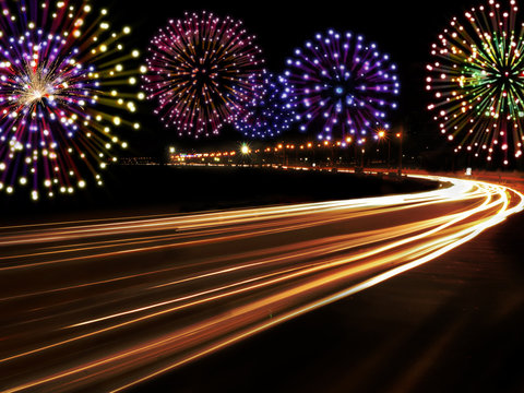 Happy New Year fireworks city cars highway
