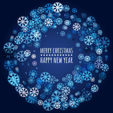 Round frame from abstract glowing snowflakes. Vector holiday bac