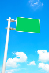 Blank road sign board  on blue sky background - looking up view