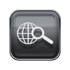 globe and magnifier icon glossy grey, isolated on white backgrou