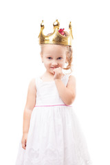 Cute little girl with gold crown isolated