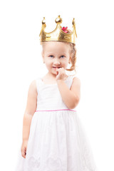 Cute little girl with gold crown isolated